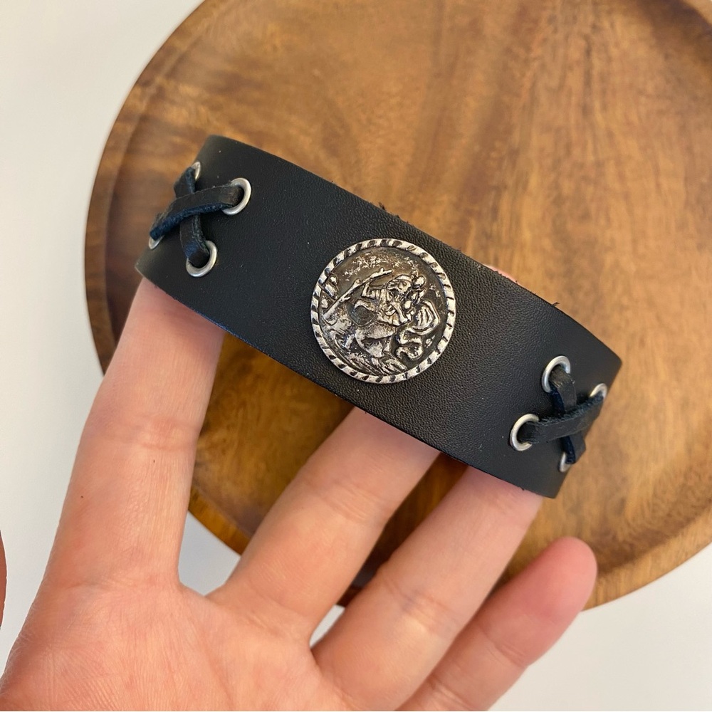 3/$20 Unisex Burnished Coin Cross Black Smooth Leather Bracelet